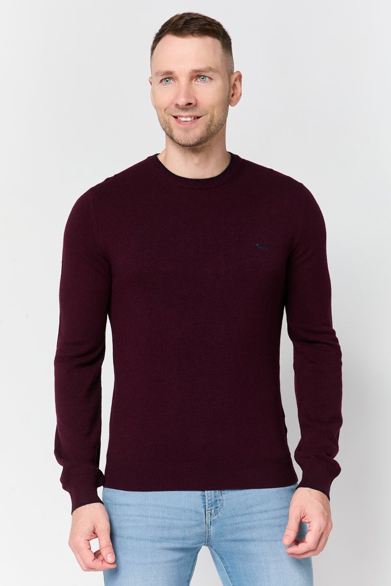 Harmont & Blaine Men Crew Neck Embroidered Logo Long Sleeve Sweater, Maroon - Image 1